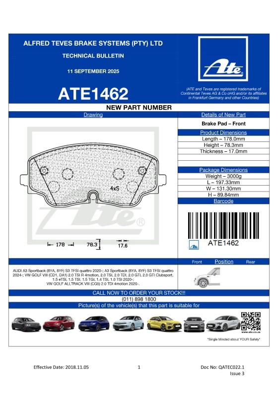 ATE1462 NEW! BRAKE PAD FOR AUDI A3 SPORTBACK; VW GOLF VIII . document preview