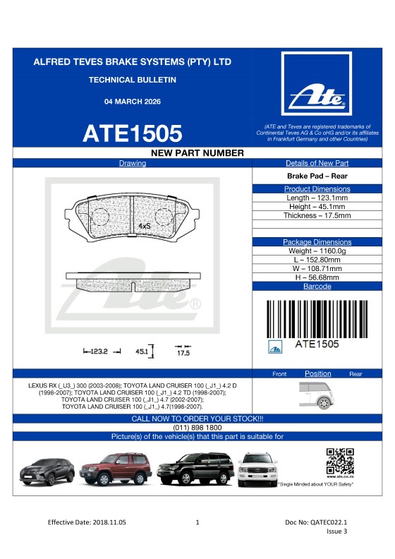ATE1505 NEW! Brake Pad for Lexus, Toyota document preview